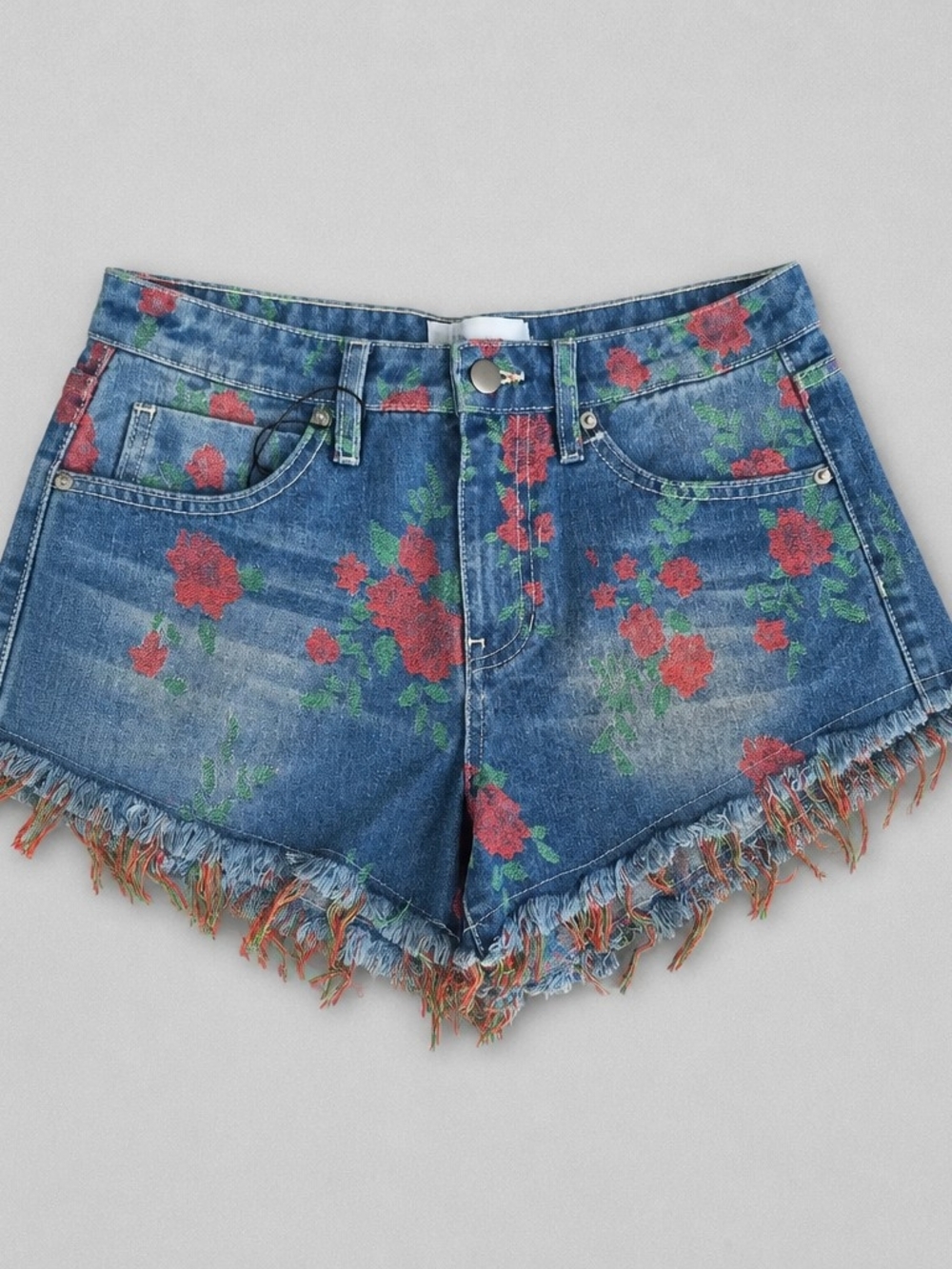 Floral Print Denim Frayed Hem Women's Shorts - Red Rose